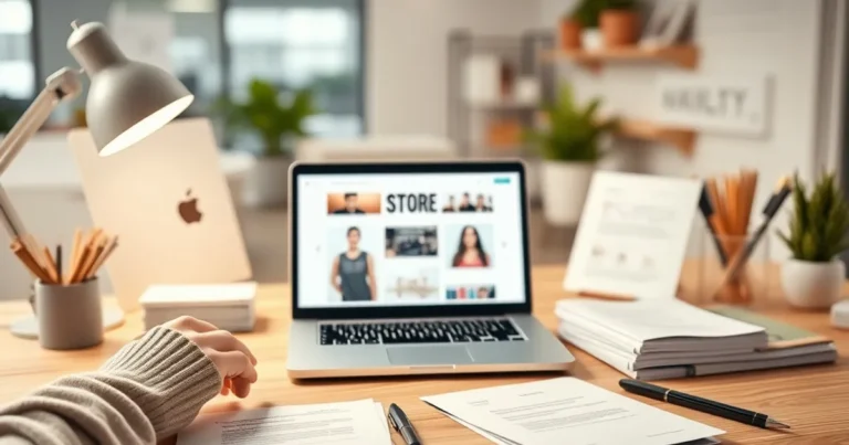 Espacio de trabajo moderno de tienda online con materiales de marketing.