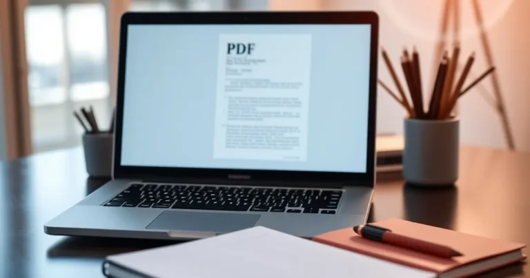 Espacio de trabajo moderno con un documento PDF en pantalla.