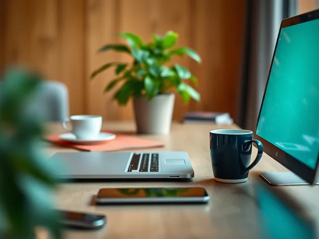 Espacio de trabajo moderno con laptop y café.