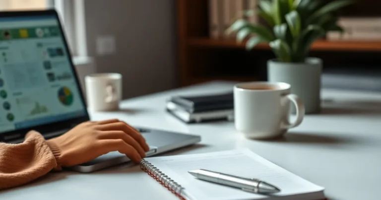 Espacio de trabajo limpio con laptop y libreta, simbolizando creación de contenido.