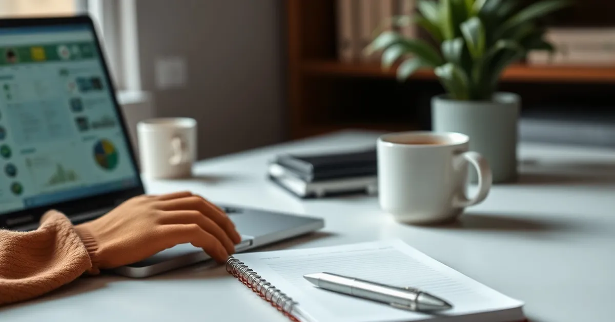 Espacio de trabajo limpio con laptop y libreta, simbolizando creación de contenido.
