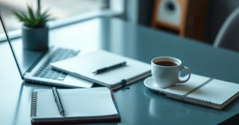 Espacio de trabajo moderno con laptop y café
