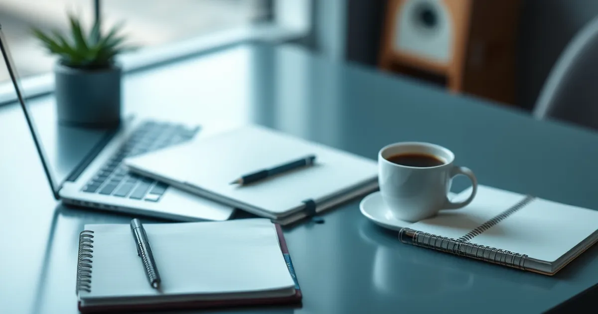 Espacio de trabajo moderno con laptop y café