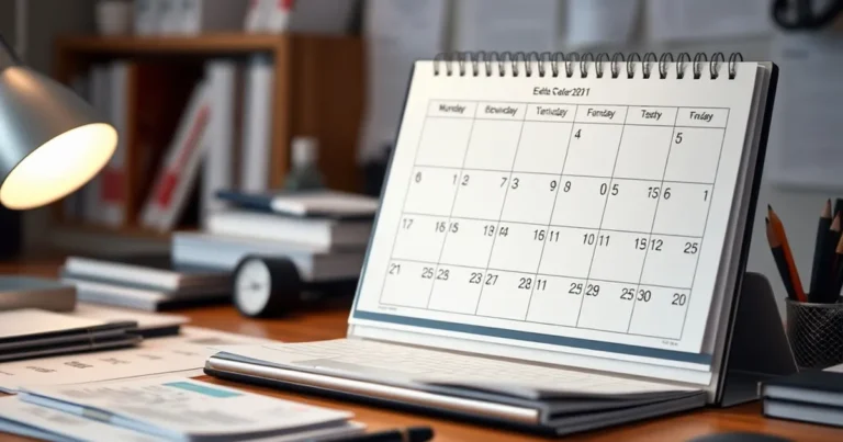 Calendario editorial bien organizado en un escritorio profesional.