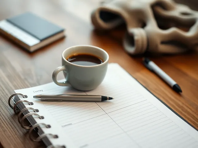 Planificador con notas y una taza de café en una mesa de madera. Planificador con notas y una taza de café en una mesa de madera.