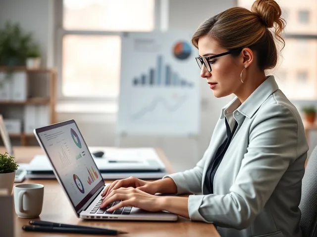Mujer de negocios analizando infografías en su laptop Mujer de negocios analizando infografías en su laptop