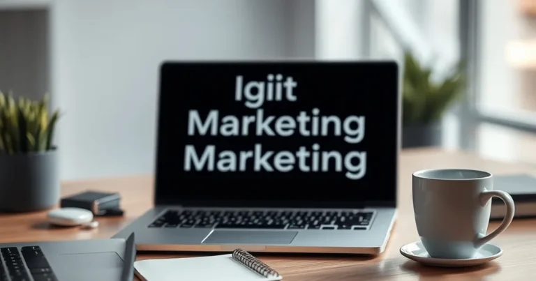 Espacio de trabajo moderno de marketing digital con laptop y café.