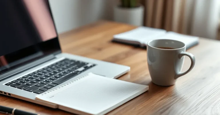 Espacio de trabajo de marketing digital con laptop y notas