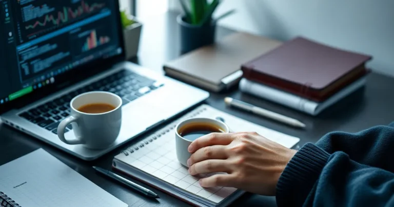 Espacio de trabajo digital con laptop y cuadernos