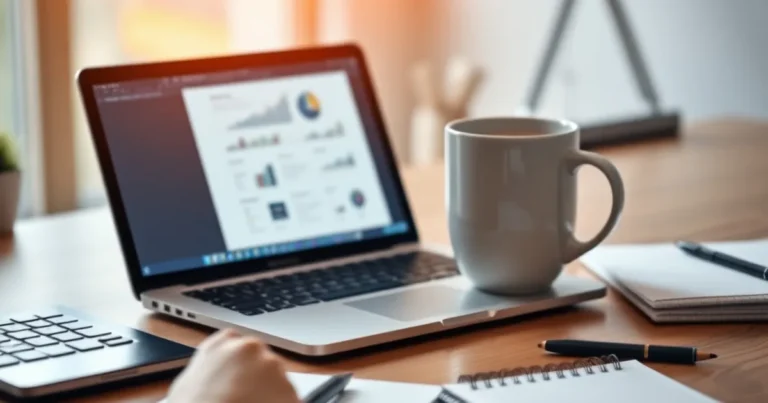 Espacio de trabajo de marketing digital con laptop y cuaderno.