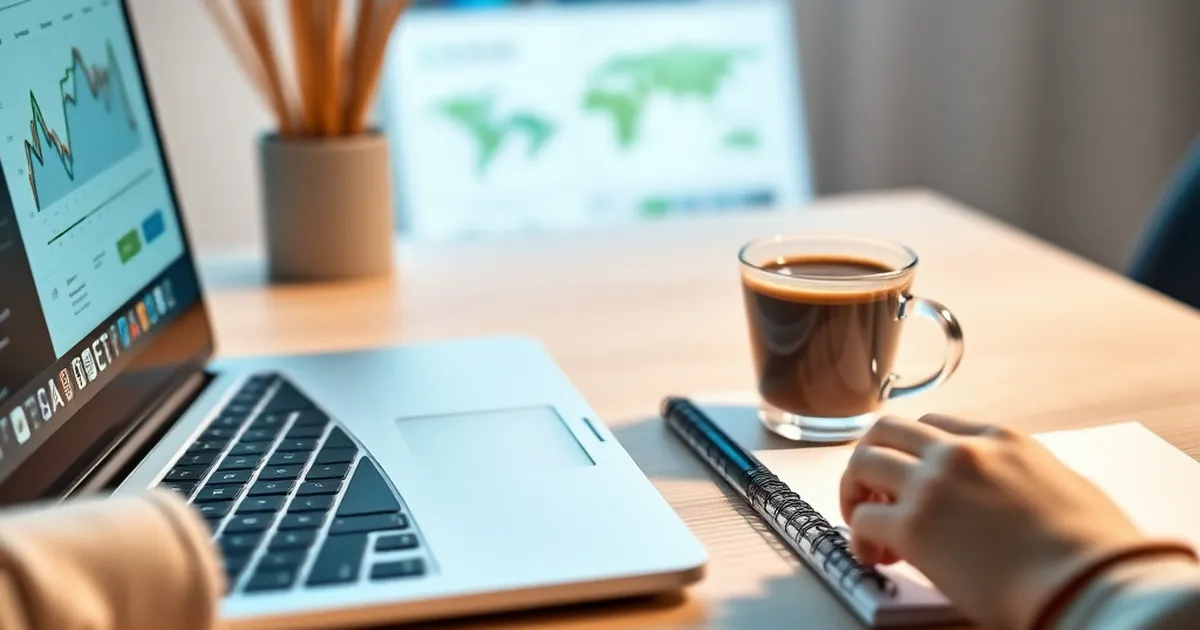 Espacio de trabajo de marketing digital con laptop y café.