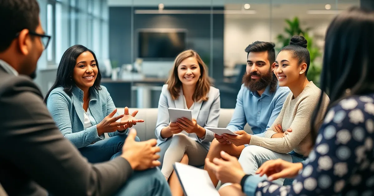 Grupo diverso de profesionales en una sesión de narración de historias.