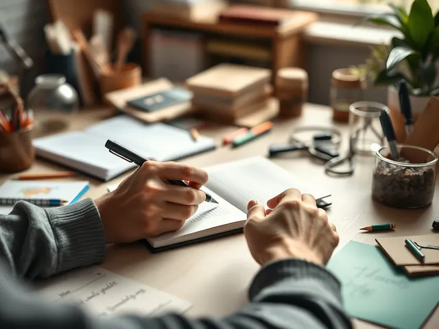 Persona escribiendo una historia convincente en un cuaderno.