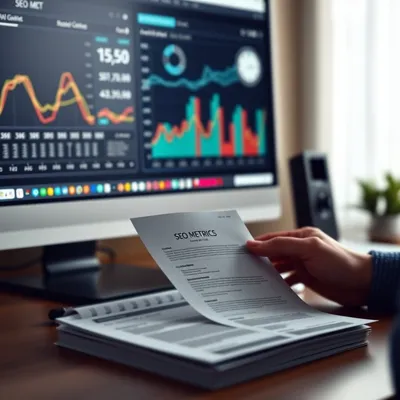 Persona analizando métricas SEO con guía en PDF en primer plano