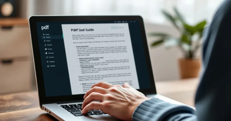 Persona trabajando en laptop con guía en PDF en la pantalla