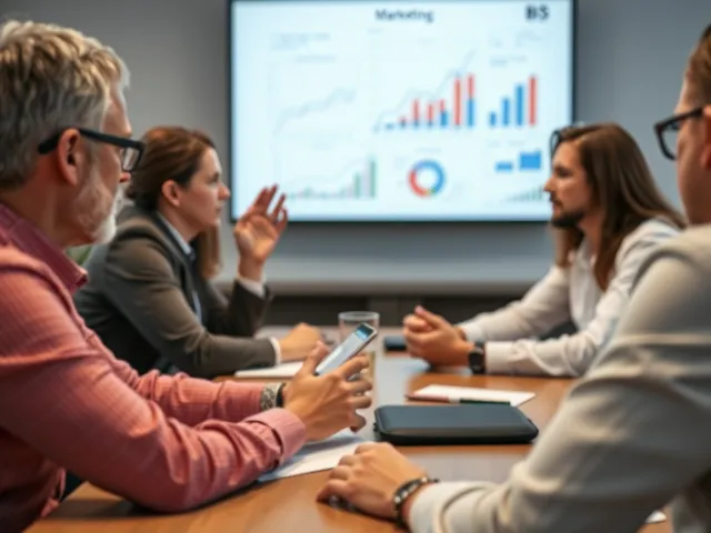 Equipo discutiendo estrategias de marketing con gráficos. Equipo discutiendo estrategias de marketing con gráficos.