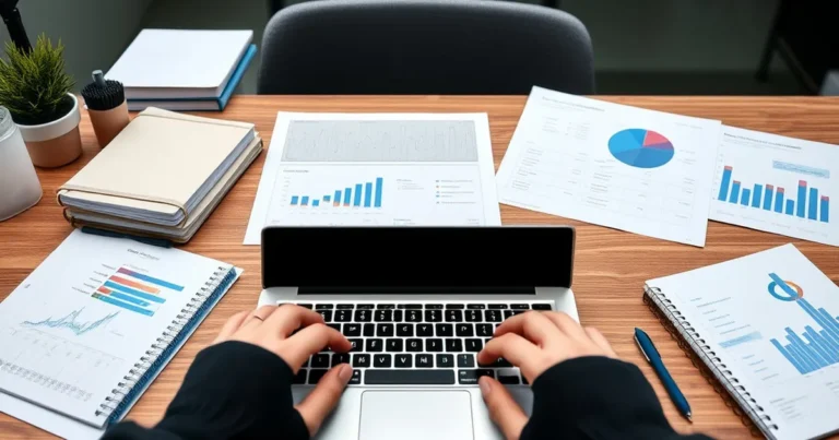 Oficina moderna con gráficos de análisis en un escritorio.
