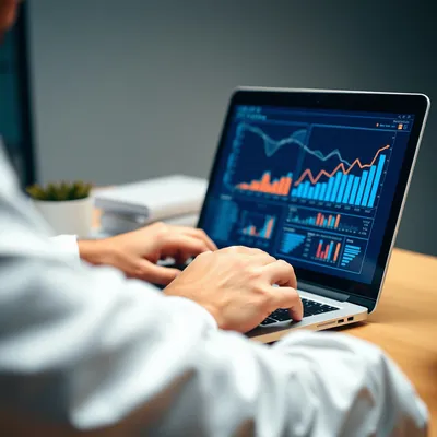Persona analizando datos de contenido en un portátil. Persona analizando datos de contenido en un portátil.
