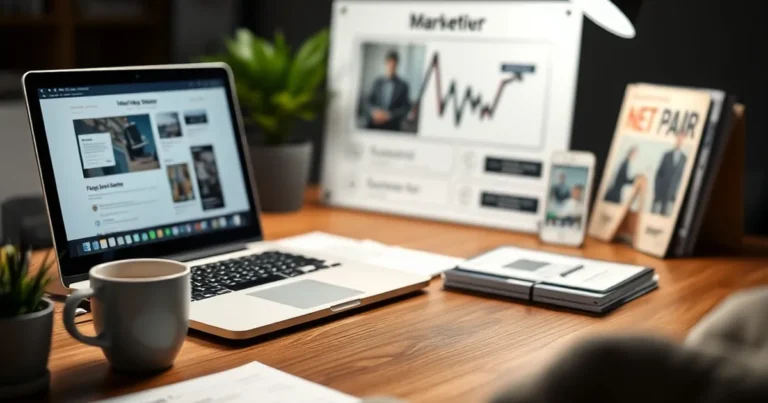 Espacio de trabajo moderno con laptop y materiales de marketing.