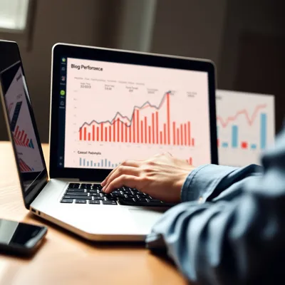 Análisis de métricas de rendimiento de blog en un laptop.