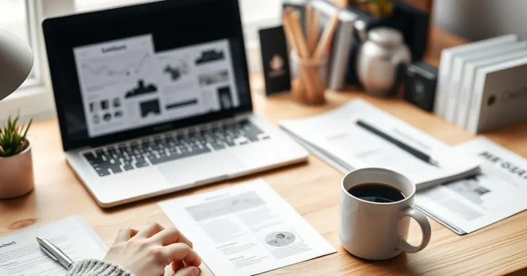 Espacio de trabajo organizado con materiales de contenido curado.