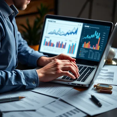 Profesional del marketing digital analizando gráficos de contenido curado.