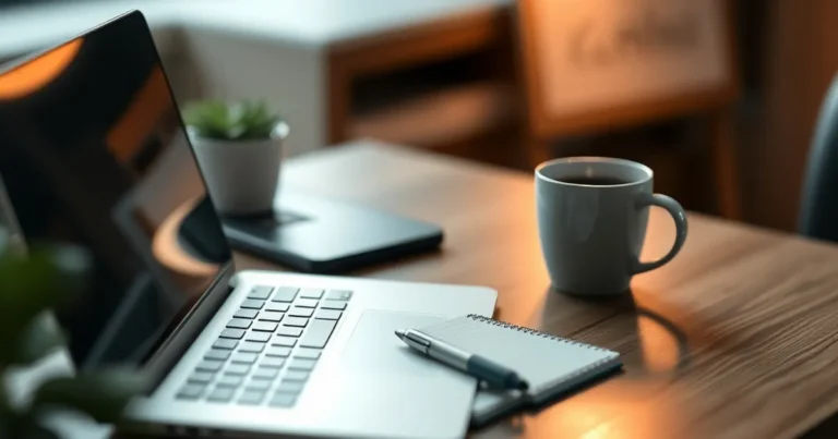 Espacio de trabajo digital con laptop y café