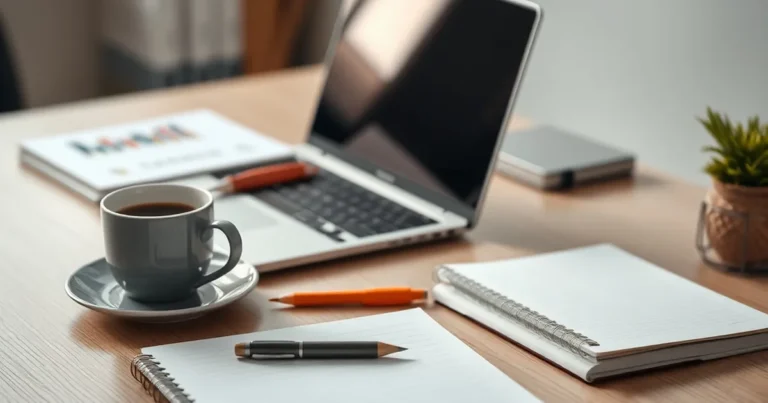 Espacio de trabajo limpio y profesional con laptop y café.