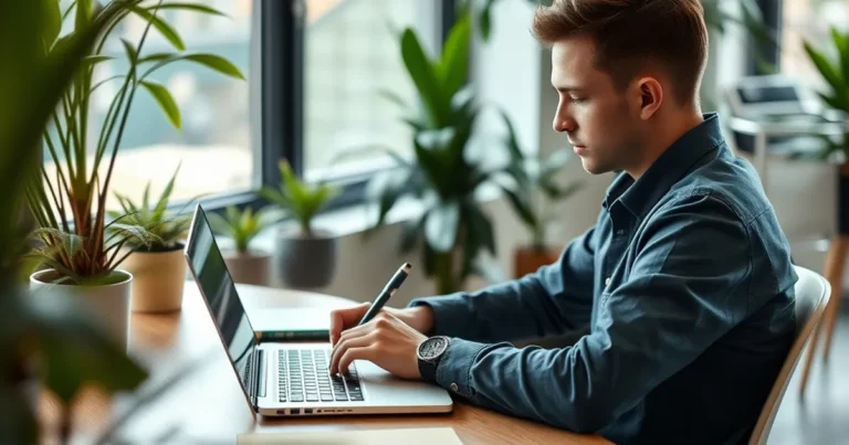 Persona escribiendo en un portátil en un espacio de trabajo moderno.