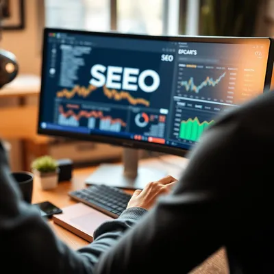 Persona analizando datos SEO en una computadora. Persona analizando datos SEO en una computadora.