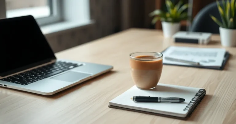 Espacio de trabajo moderno con laptop y café para marketing de contenidos.