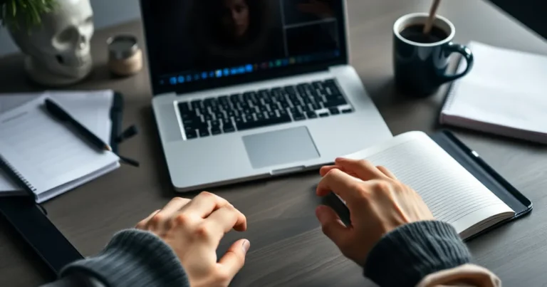 Espacio de trabajo moderno con laptop y cuadernos para curar contenido.