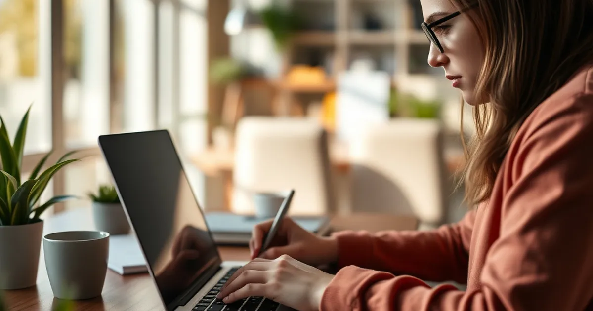 Persona redactando un artículo de blog en una oficina moderna.