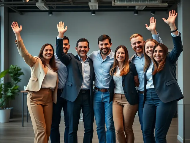 Equipo de negocios celebrando el éxito tras reutilizar contenido.
