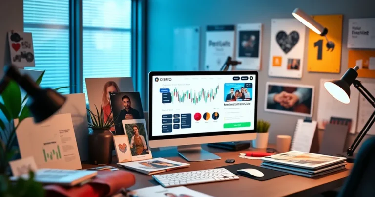 Espacio de trabajo moderno con materiales de marketing creativos.