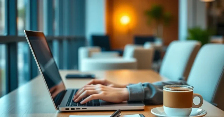 Persona trabajando en un laptop en una oficina moderna