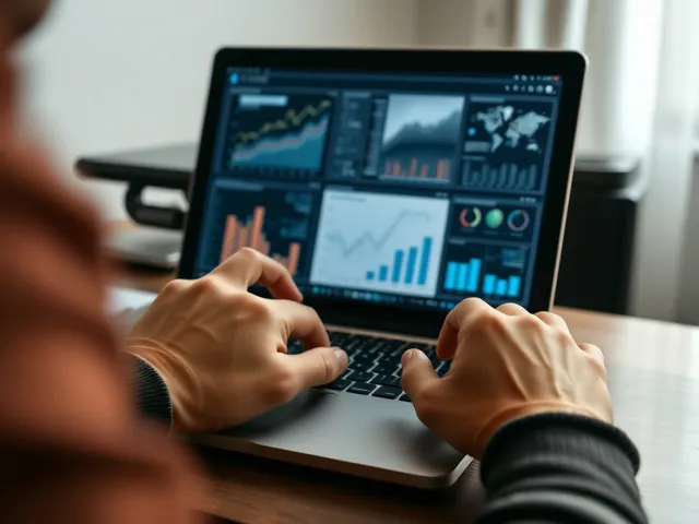 Persona analizando datos en un laptop con gráficos y tablas.
