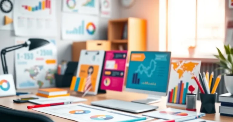 Espacio de trabajo creativo con infografías coloridas sobre un escritorio.