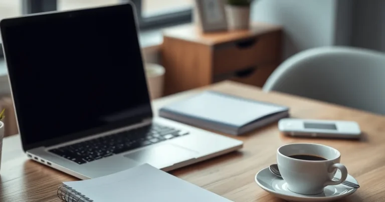 Moderno espacio de trabajo con laptop y café.