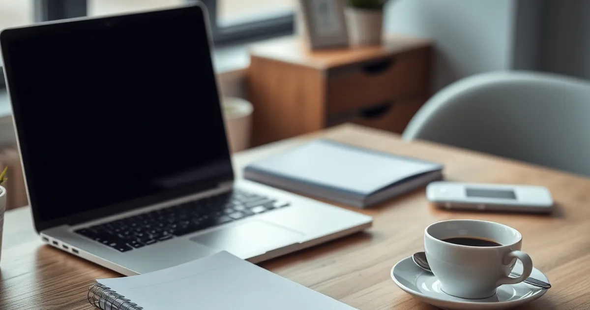 Moderno espacio de trabajo con laptop y café.