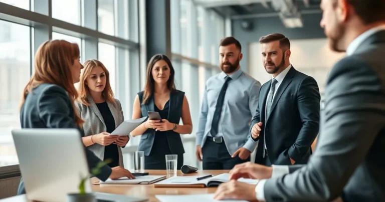 Oficina moderna con profesionales discutiendo estrategias de contenido B2B