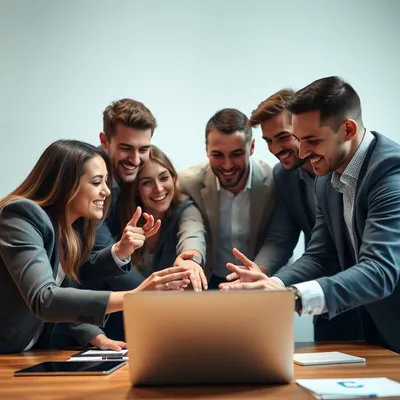 Equipo de negocio exitoso celebrando resultados en una laptop