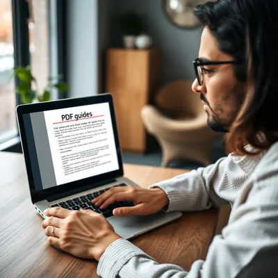 Persona revisando una guía PDF en un ambiente de oficina acogedor.