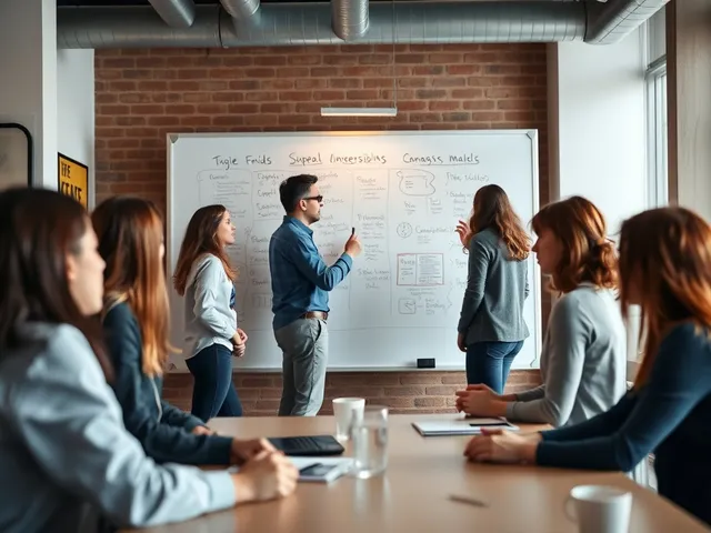 Grupo de profesionales en una sesión de brainstorming sobre títulos magnéticos.