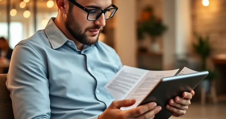 Emprendedor leyendo una guía detallada en PDF en una tablet