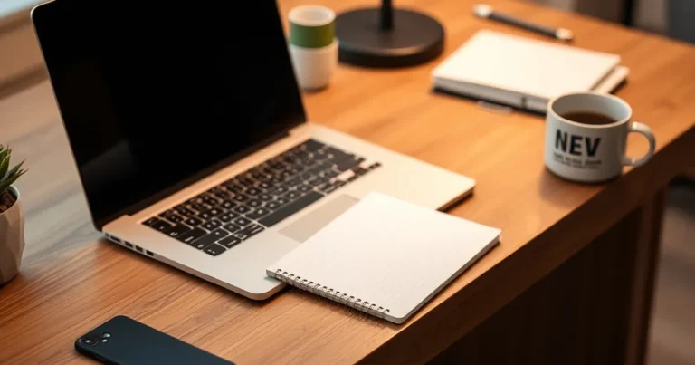 Espacio de trabajo moderno con laptop y notas en un escritorio de madera