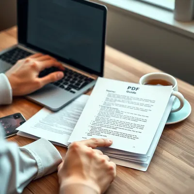 Persona revisando una guía PDF impresa en un escritorio