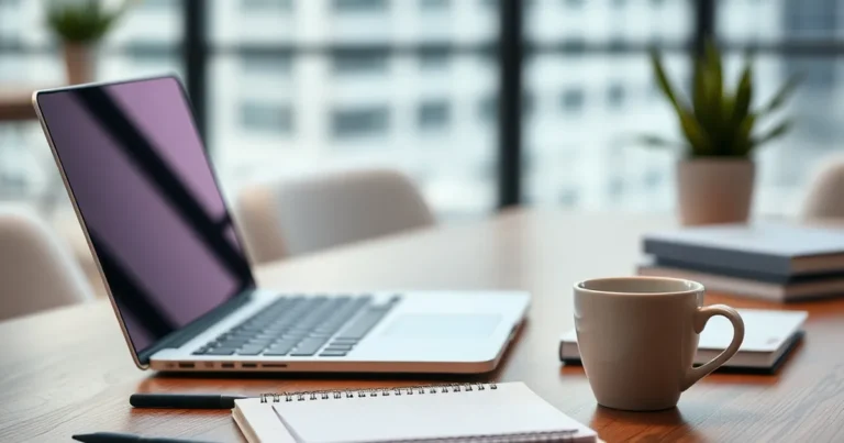 Imagen de un espacio de trabajo moderno con un portátil y una taza de café.