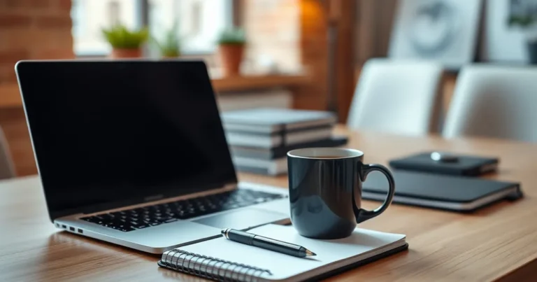Espacio de trabajo moderno con laptop y café