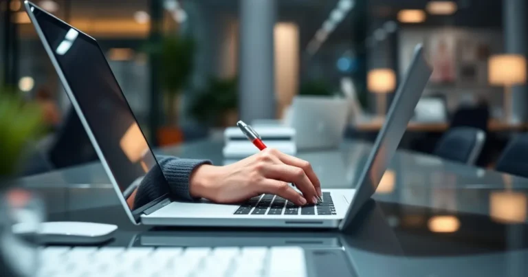 Persona escribiendo en un portátil en un entorno de oficina moderno.